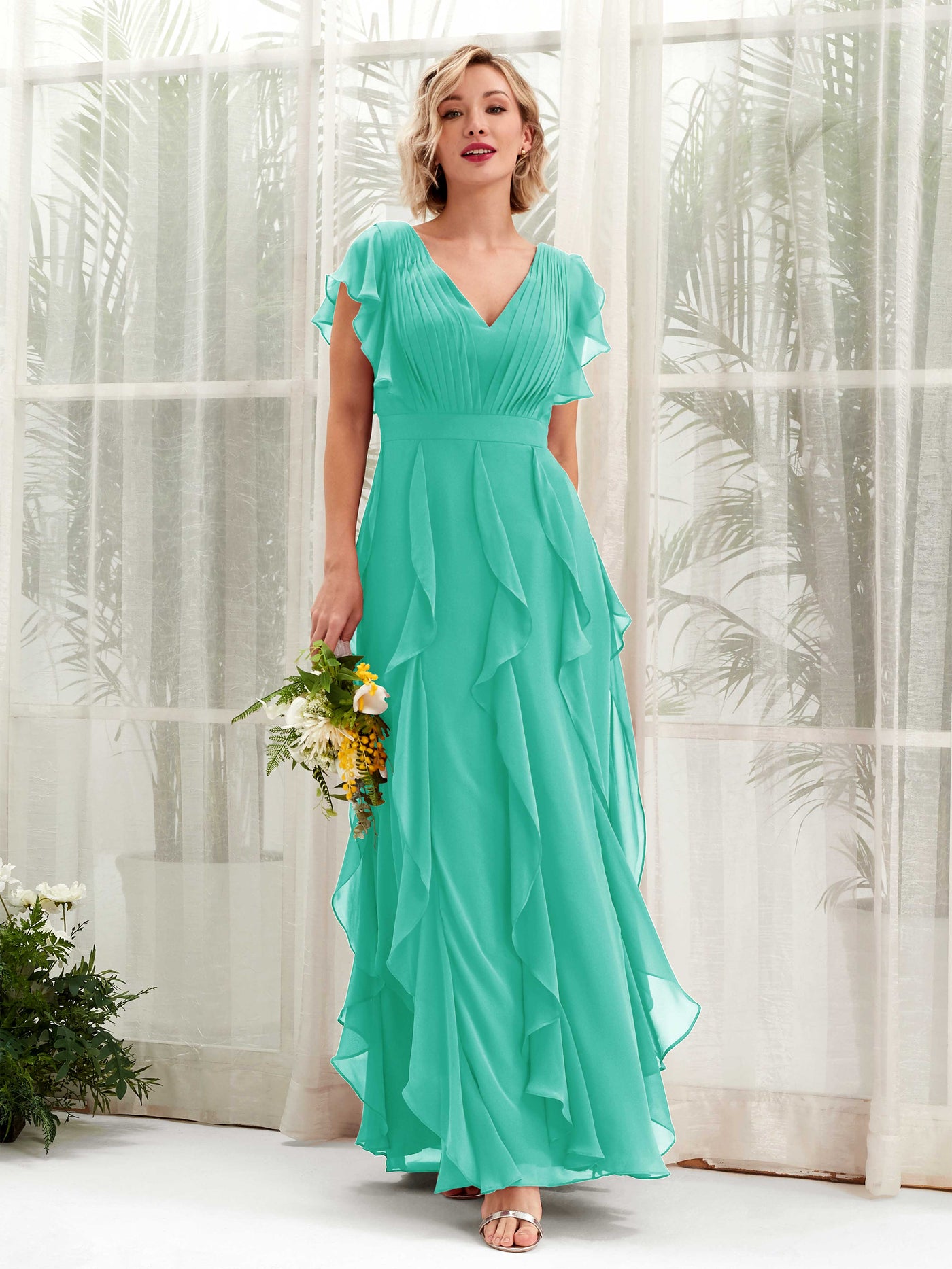 A-line Open back V-neck Short Sleeves Chiffon Bridesmaid Dress - Tiffany (81226032)#color_tiffany