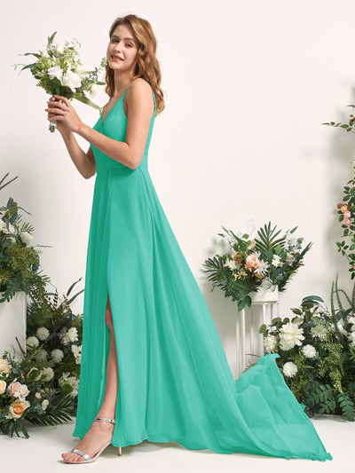 Carlyna Marcia A-Line Tiffany Bridesmaid Dress Maxi Sleeveless V-Neck Dress Side View 2 #color_tiffany