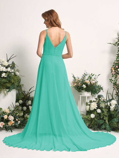 Carlyna Marcia A-Line Tiffany Bridesmaid Dress Maxi Sleeveless V-Neck Dress Back View #color_tiffany