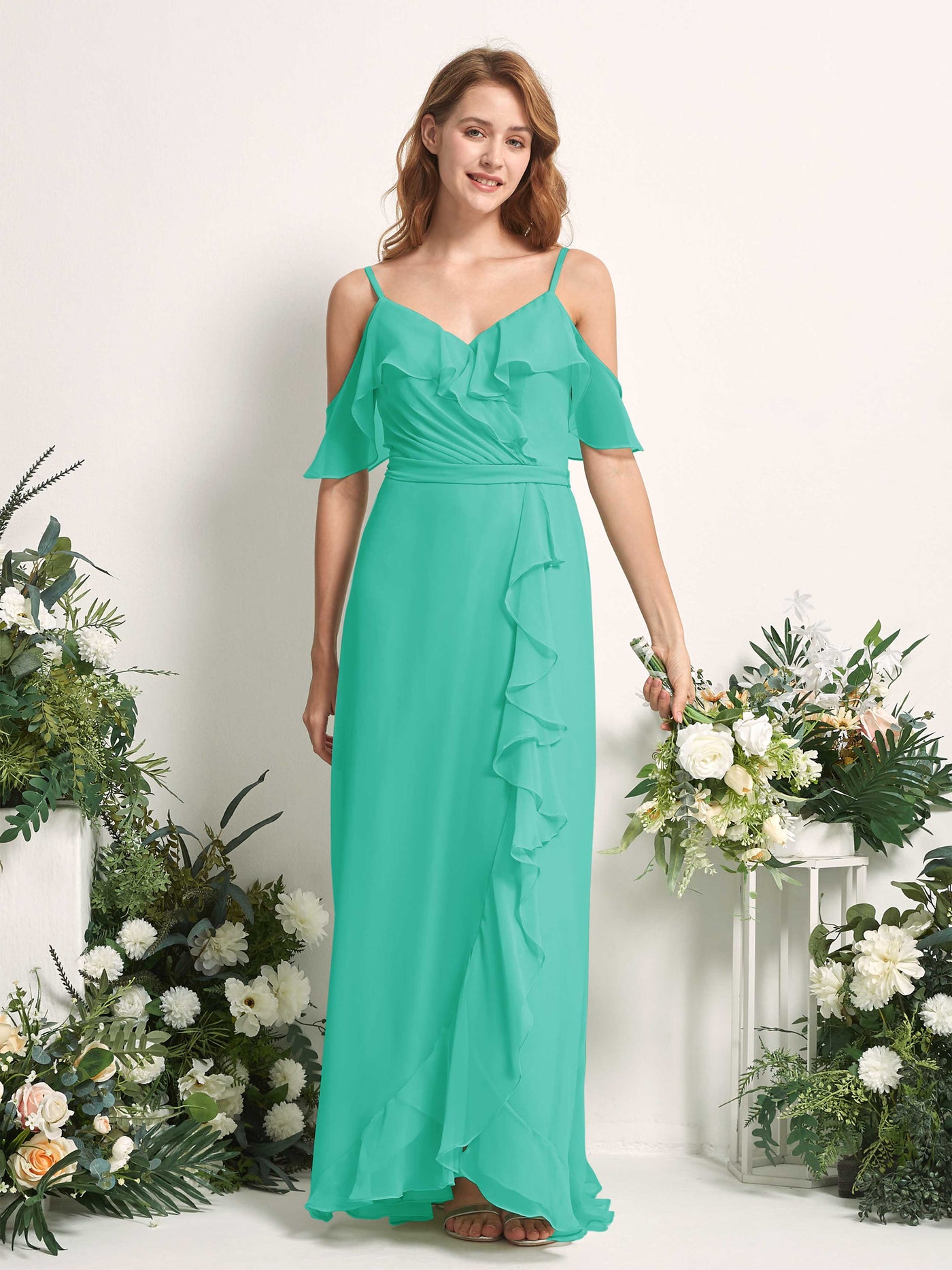 Bridesmaid Dress A-line Chiffon Spaghetti-straps Full Length Sleeveless Wedding Party Dress - Tiffany (81227432)#color_tiffany