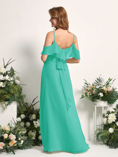 Carlyna Yvette A-Line Tiffany Bridesmaid Dress Maxi Sleeveless V-Neck Dress Back View #color_tiffany
