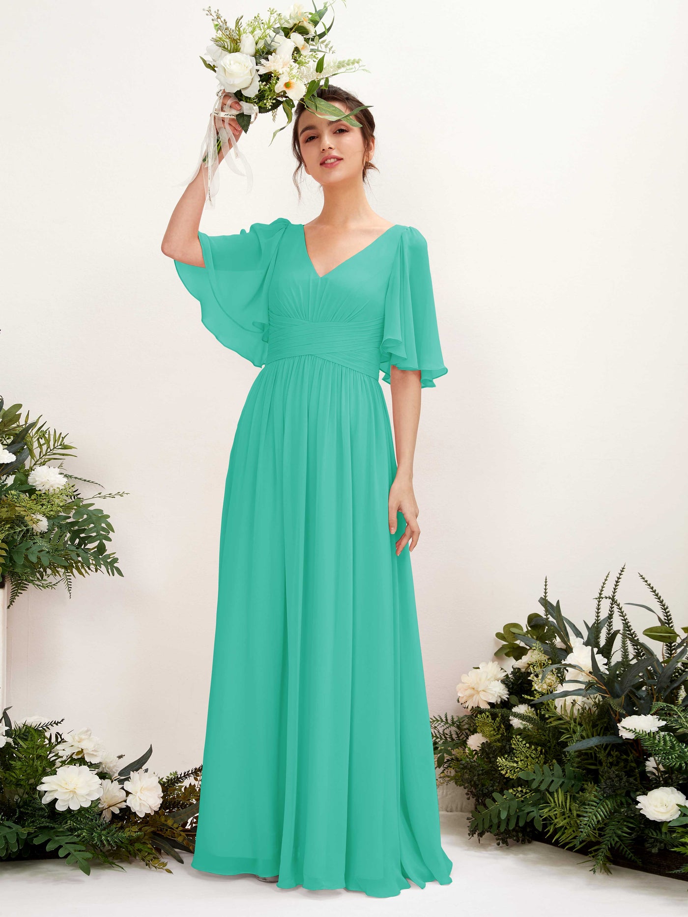 Dusty Blue Chiffon Bridesmaid Dress A-Line Maxi Short Sleeve V-Neck | Carlyna Dusty Blue Chiffon Bridesmaid Dress A-Line Maxi Short Sleeve V-Neck | Carlyna