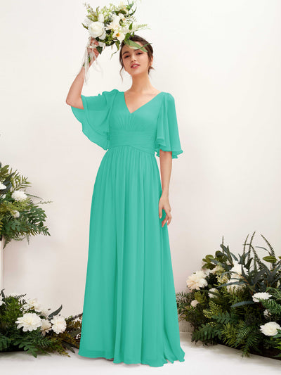 Carlyna Odette A-Line Tiffany Bridesmaid Dress Maxi Short Sleeve V-Neck Dress Front View #color_tiffany