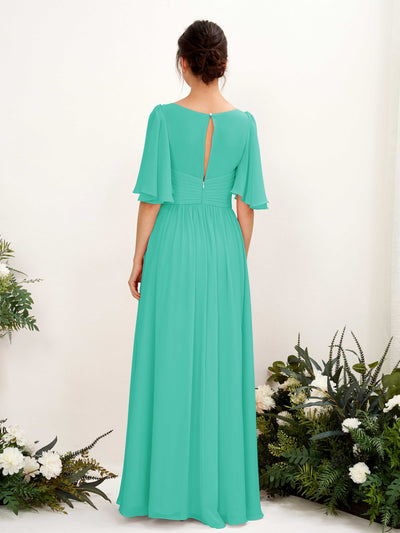Carlyna Odette A-Line Tiffany Bridesmaid Dress Maxi Short Sleeve V-Neck Dress Back View #color_tiffany