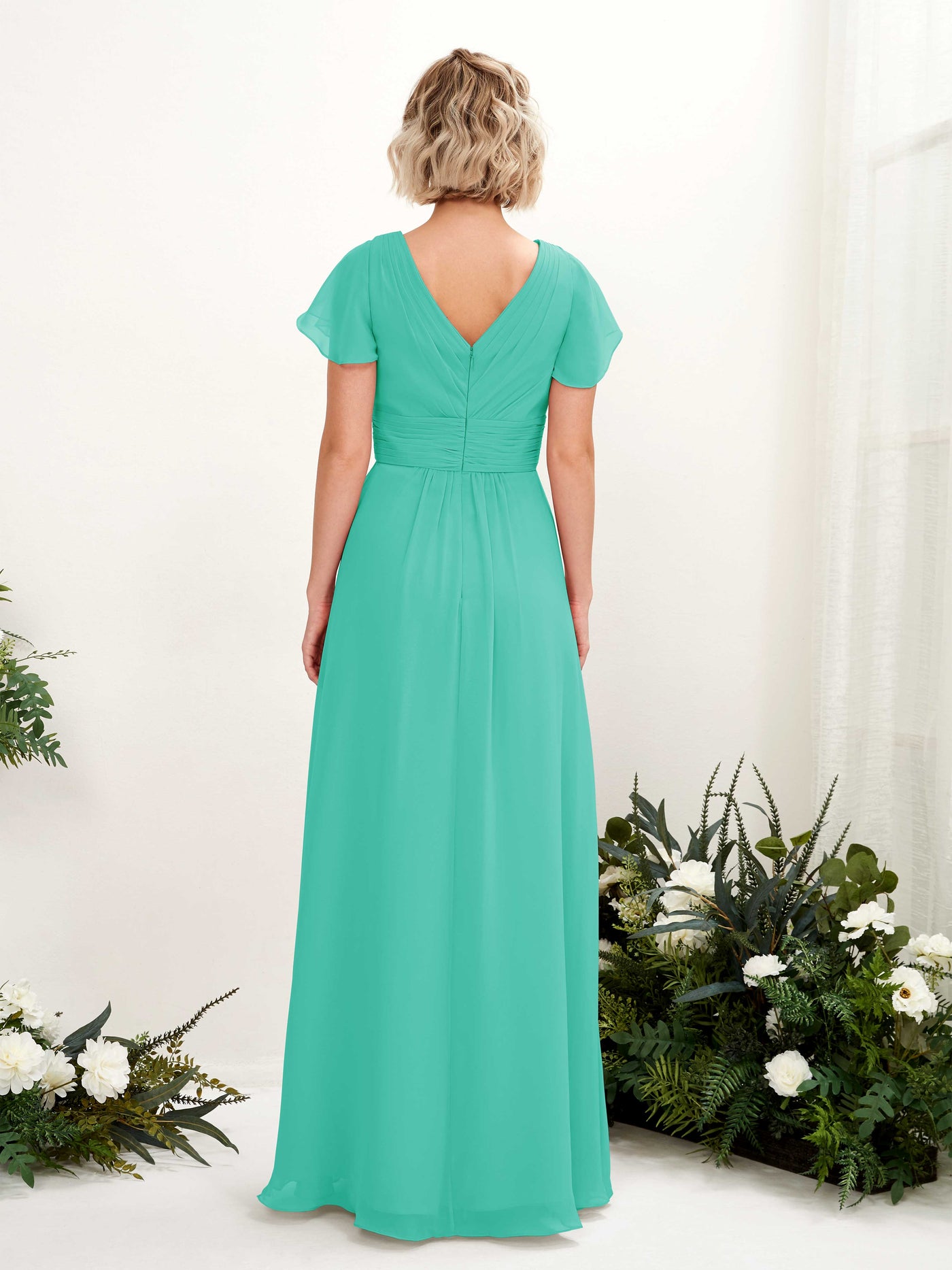 Tiffany Bridesmaid Dresses Bridesmaid Dress A-line Chiffon V-neck Full Length Short Sleeves Wedding Party Dress (81224332)#color_tiffany