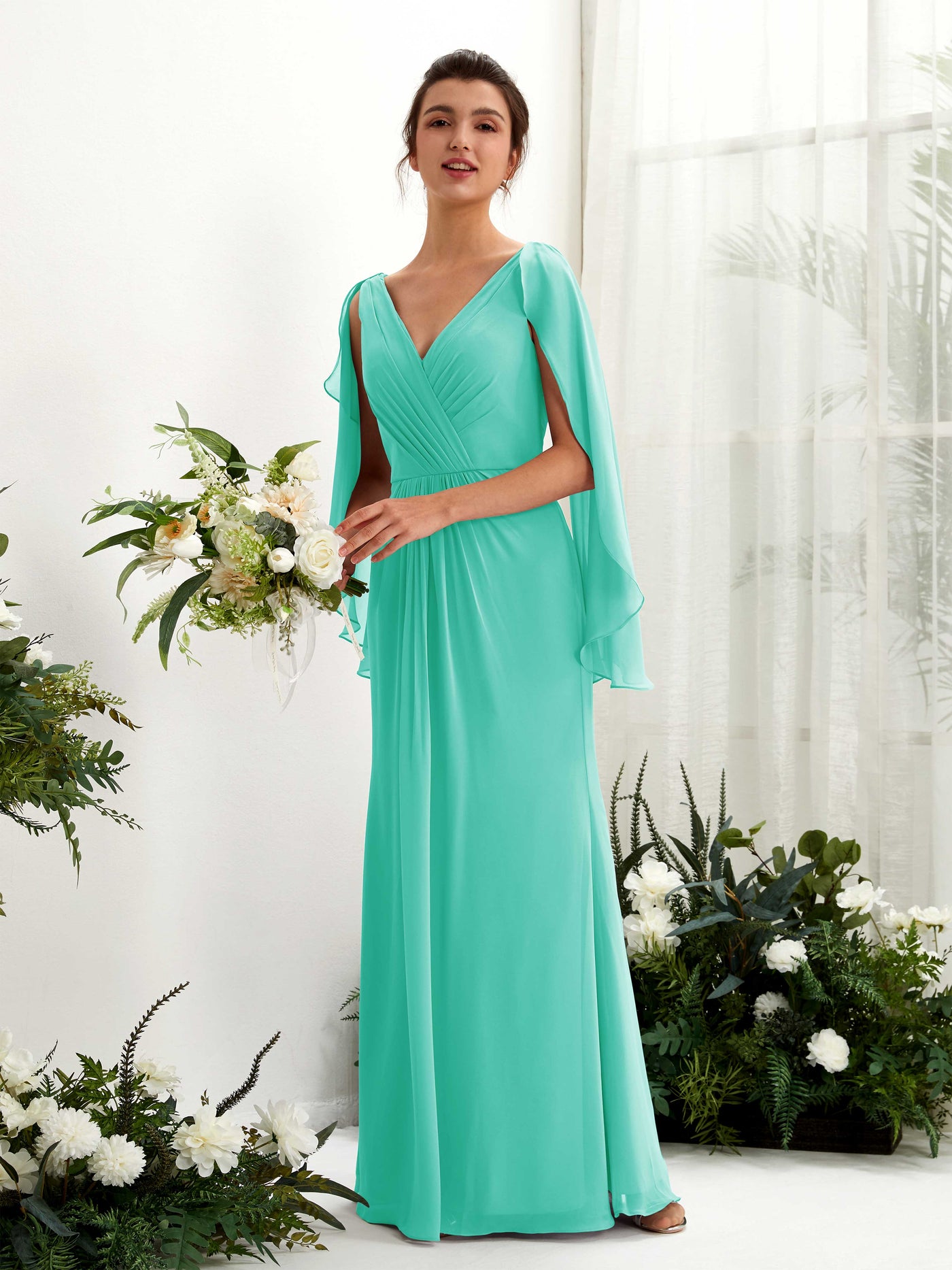 Tiffany Bridesmaid Dresses Bridesmaid Dress A-line Chiffon Straps Full Length Long Sleeves Wedding Party Dress (80220132)#color_tiffany