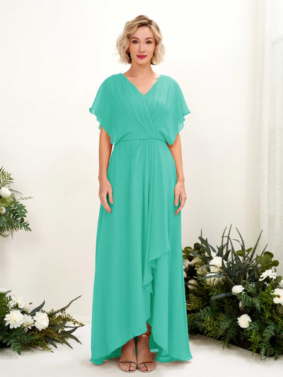 Carlyna Soleil A-Line Tiffany Bridesmaid Dress Maxi Short Sleeve V-Neck Dress Front View #color_tiffany
