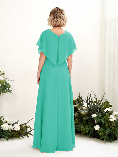 Carlyna Soleil A-Line Tiffany Bridesmaid Dress Maxi Short Sleeve V-Neck Dress Back View #color_tiffany
