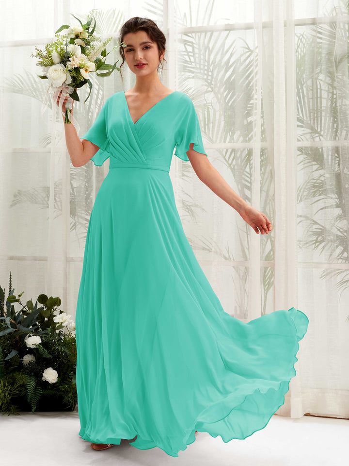 Tiffany Bridesmaid Dresses Bridesmaid Dress A-line Chiffon V-neck Full Length Short Sleeves Wedding Party Dress (81224632)