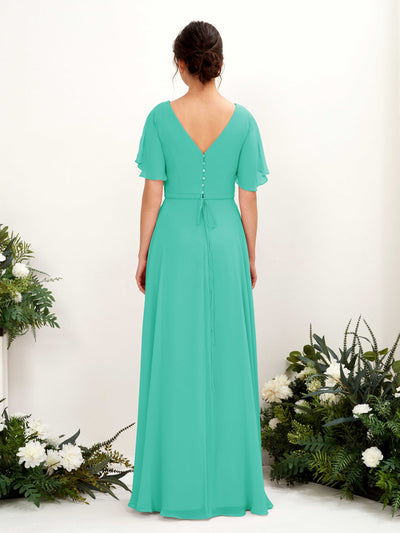 Carlyna Daphne A-Line Tiffany Bridesmaid Dress Maxi Short Sleeve V-Neck Dress Back View #color_tiffany