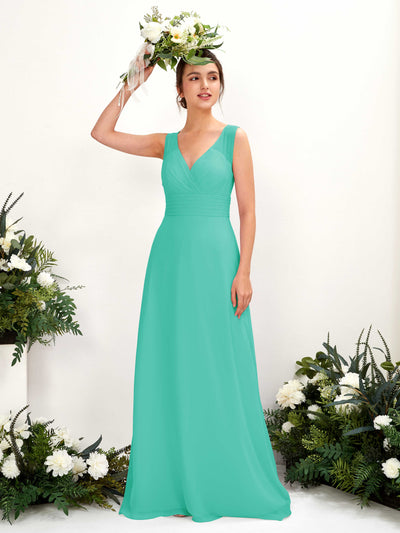 Carlyna Karen A-Line Tiffany Bridesmaid Dress Maxi Sleeveless V-Neck Dress Front View #color_tiffany