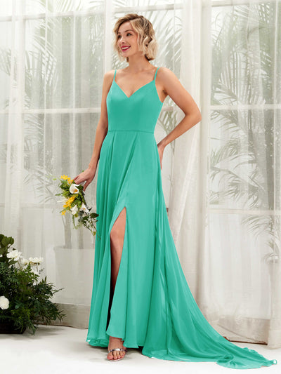 Carlyna Mana A-Line Tiffany Bridesmaid Dress Maxi Sleeveless V-Neck Dress Front View #color_tiffany