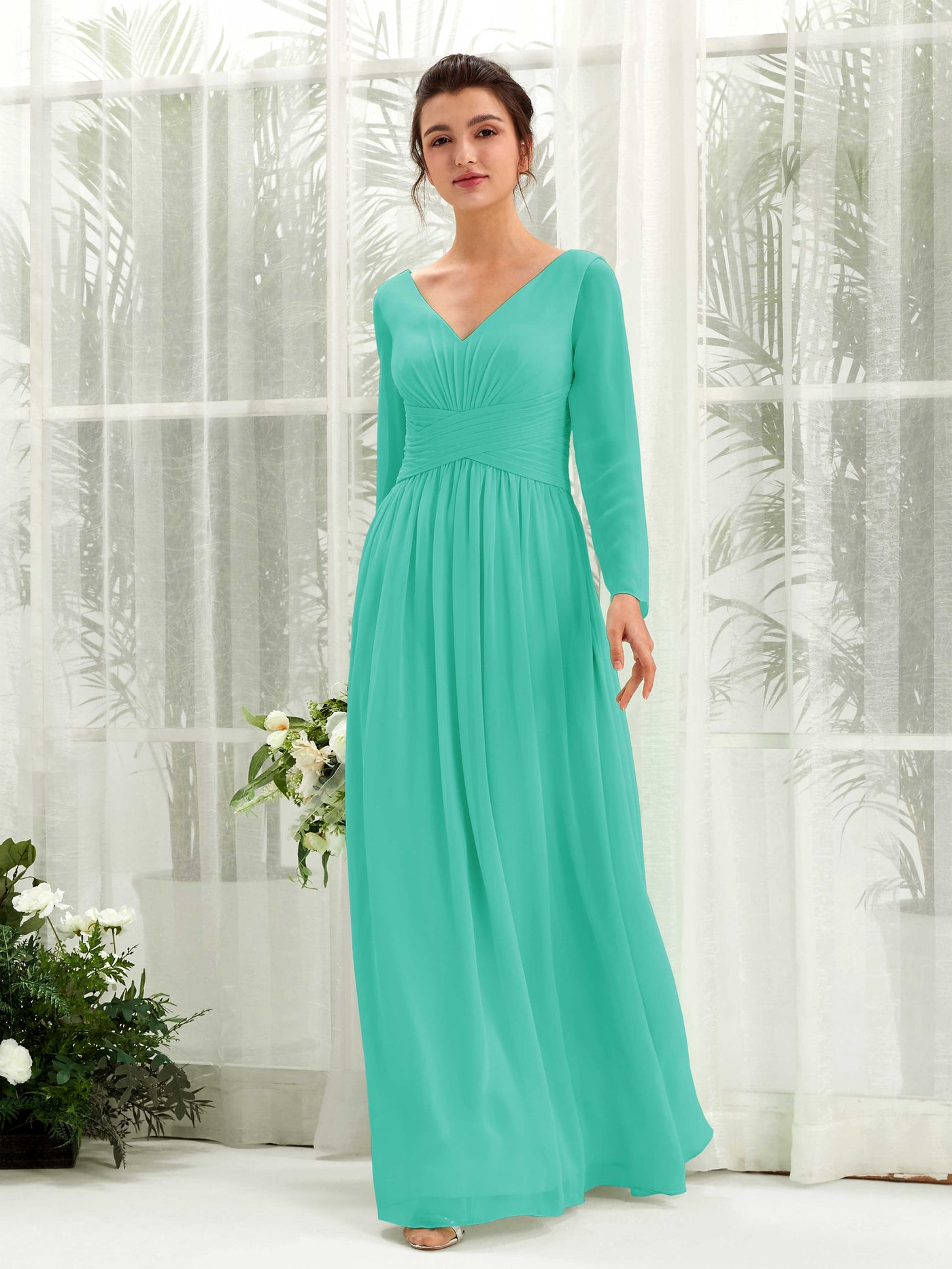 Tiffany Bridesmaid Dresses Bridesmaid Dress A-line Chiffon V-neck Full Length Long Sleeves Wedding Party Dress (81220332)#color_tiffany