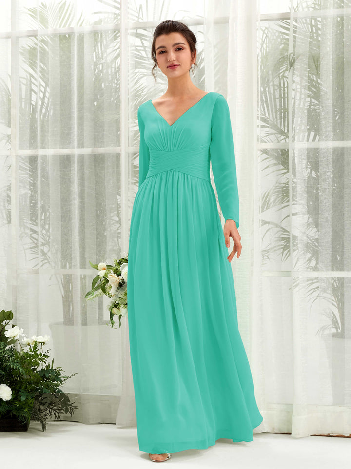 Tiffany Bridesmaid Dresses Bridesmaid Dress A-line Chiffon V-neck Full Length Long Sleeves Wedding Party Dress (81220332)