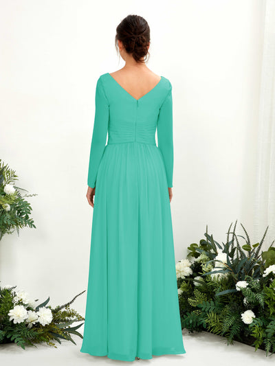 Carlyna Coline A-Line Tiffany Bridesmaid Dress Maxi Long Sleeve V-Neck Back View #color_tiffany