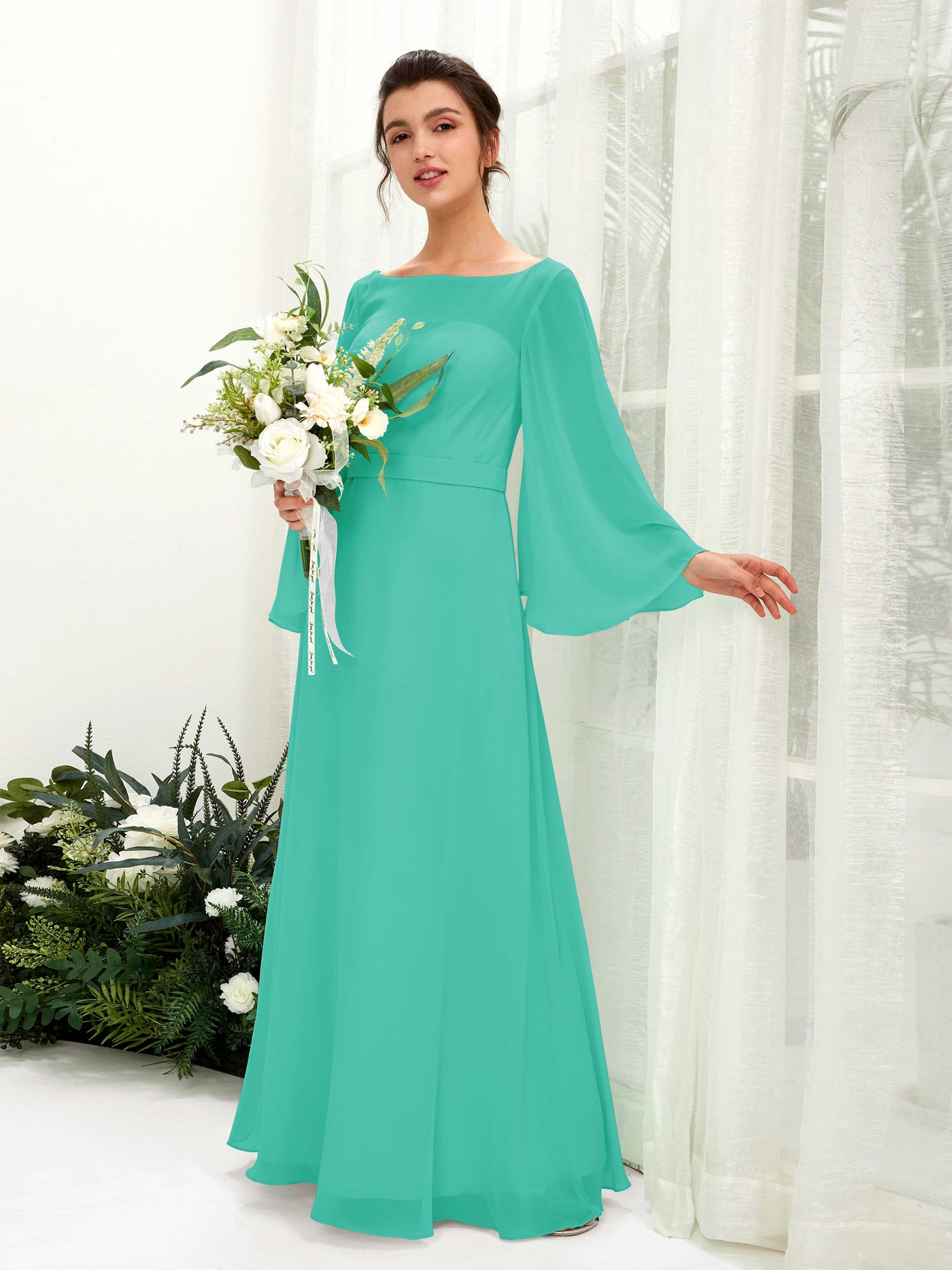 Turquoise Chiffon Bridesmaid Dress A-Line Maxi Long Sleeve