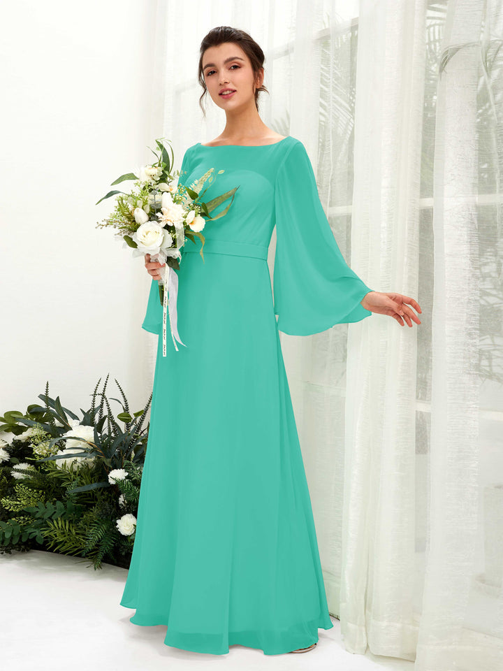 Dark Emerald Chiffon Bridesmaid Dress A-Line Maxi Long Sleeve