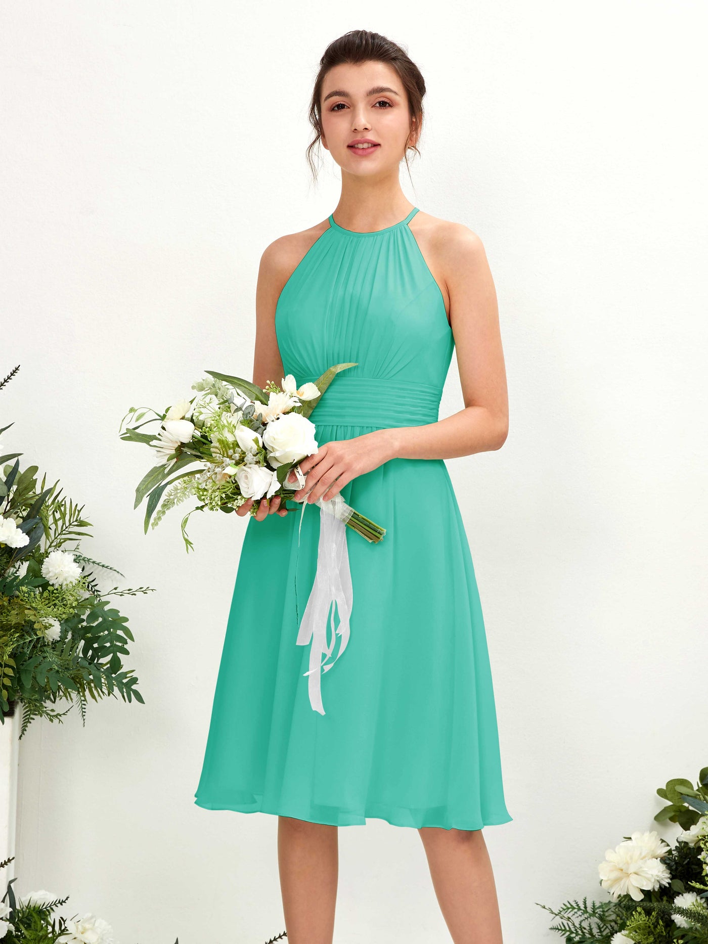 Tiffany Bridesmaid Dresses Bridesmaid Dress A-line Chiffon Halter Knee Length Sleeveless Wedding Party Dress (81220132)#color_tiffany
