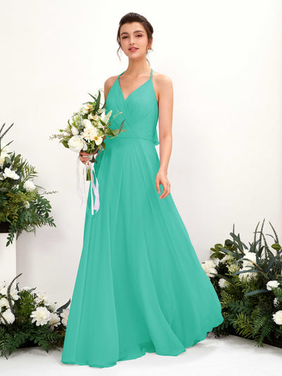Carlyna Launo A-Line Tiffany Bridesmaid Dress Maxi Sleeveless V-Neck Dress Front View #color_tiffany