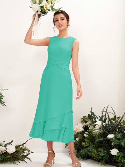 Carlyna Raina Mermaid Tiffany Bridesmaid Dress Midi Sleeveless Round Neck Dress Front View #color_tiffany