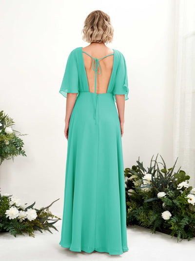 Carlyna Dhea A-Line Tiffany Bridesmaid Dress Maxi Short Sleeve V-Neck Dress Back View #color_tiffany