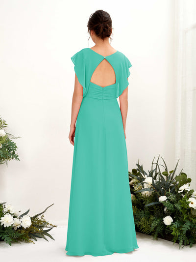 Carlyna Annie A-Line Tiffany Bridesmaid Dress Maxi Cap Sleeve V-Neck Dress Back View #color_tiffany