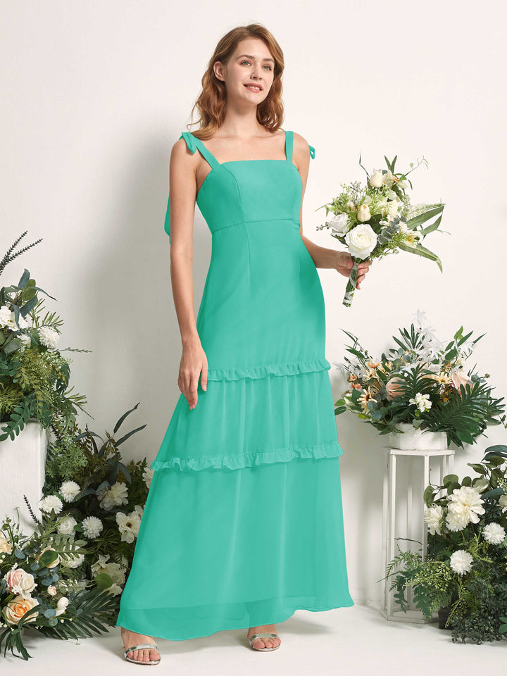 Bridesmaid Dress Chiffon Straps Full Length Sleeveless Wedding Party Dress - Tiffany (81227532)