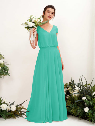 Carlyna Pauline A-Line Tiffany Bridesmaid Dress Maxi Cap Sleeve V-Neck Dress Front View #color_tiffany