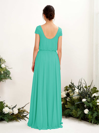 Carlyna Pauline A-Line Tiffany Bridesmaid Dress Maxi Cap Sleeve V-Neck Dress Back View #color_tiffany
