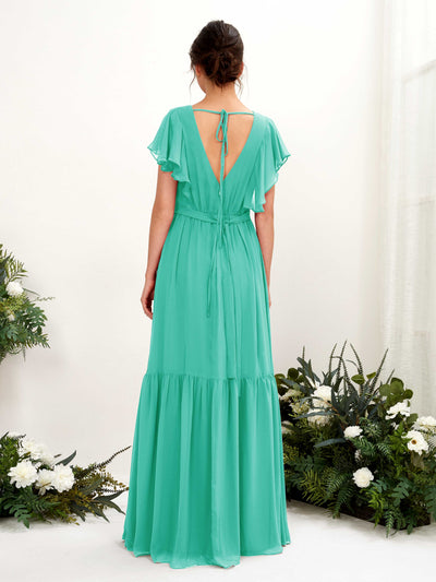 Carlyna Chaya A-Line Tiffany Bridesmaid Dress Maxi Cap Sleeve V-Neck Dress Back View #color_tiffany
