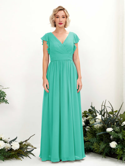 Carlyna Grino A-Line Tiffany Bridesmaid Dress Maxi Cap Sleeve V-Neck Dress Front View #color_tiffany