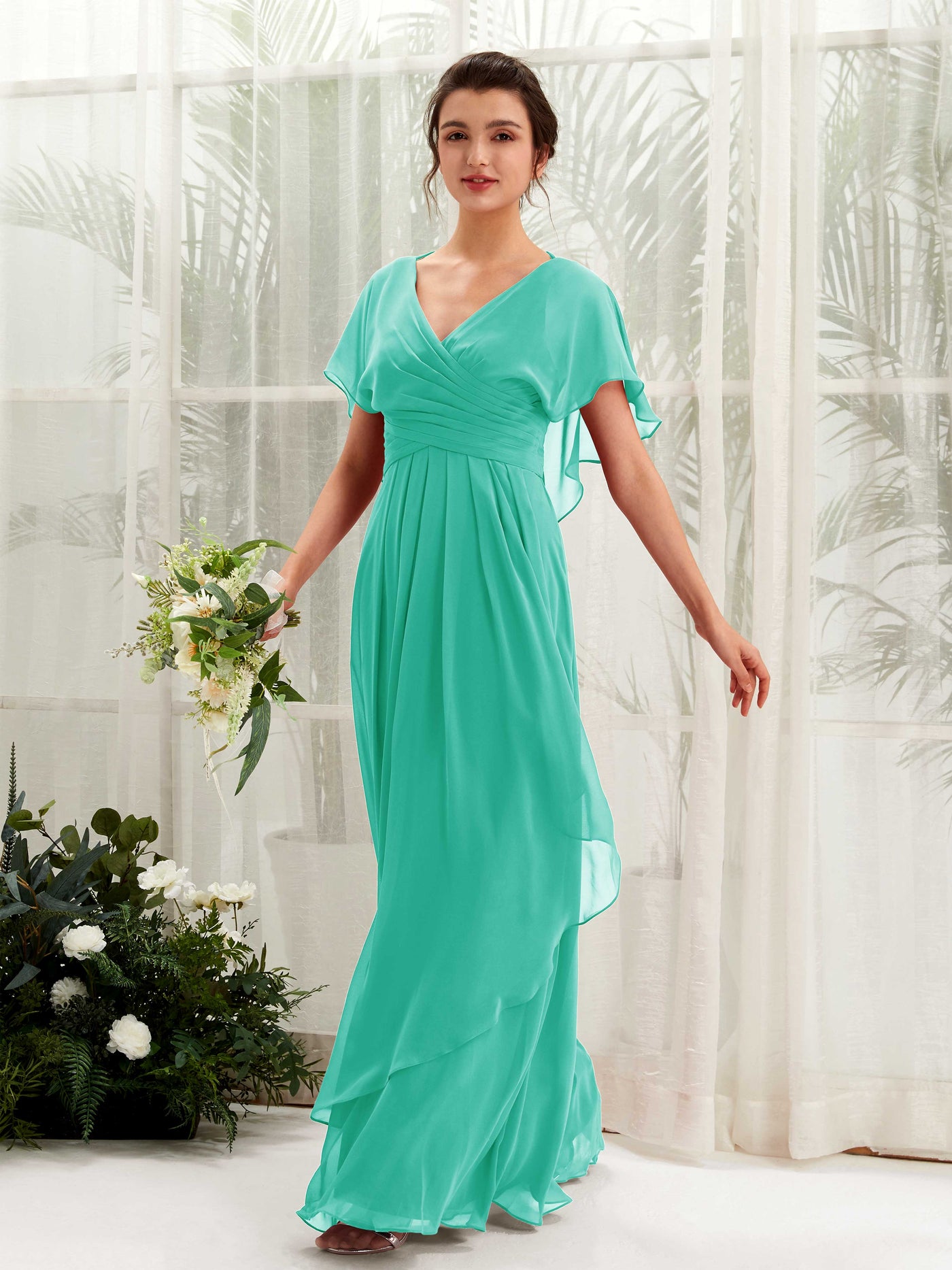 Open back V-neck Short Sleeves Chiffon Bridesmaid Dress - Tiffany (81226132)#color_tiffany