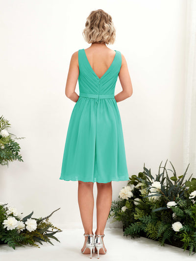 Carlyna Natasha A-Line Tiffany Bridesmaid Dress Knee-Length Sleeveless V-Neck Dress Back View #color_tiffany