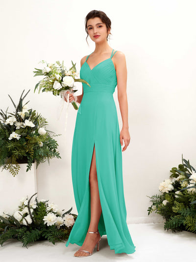 Carlyna Joa A-Line Tiffany Bridesmaid Dress Maxi Sleeveless V-Neck Dress Front View #color_tiffany