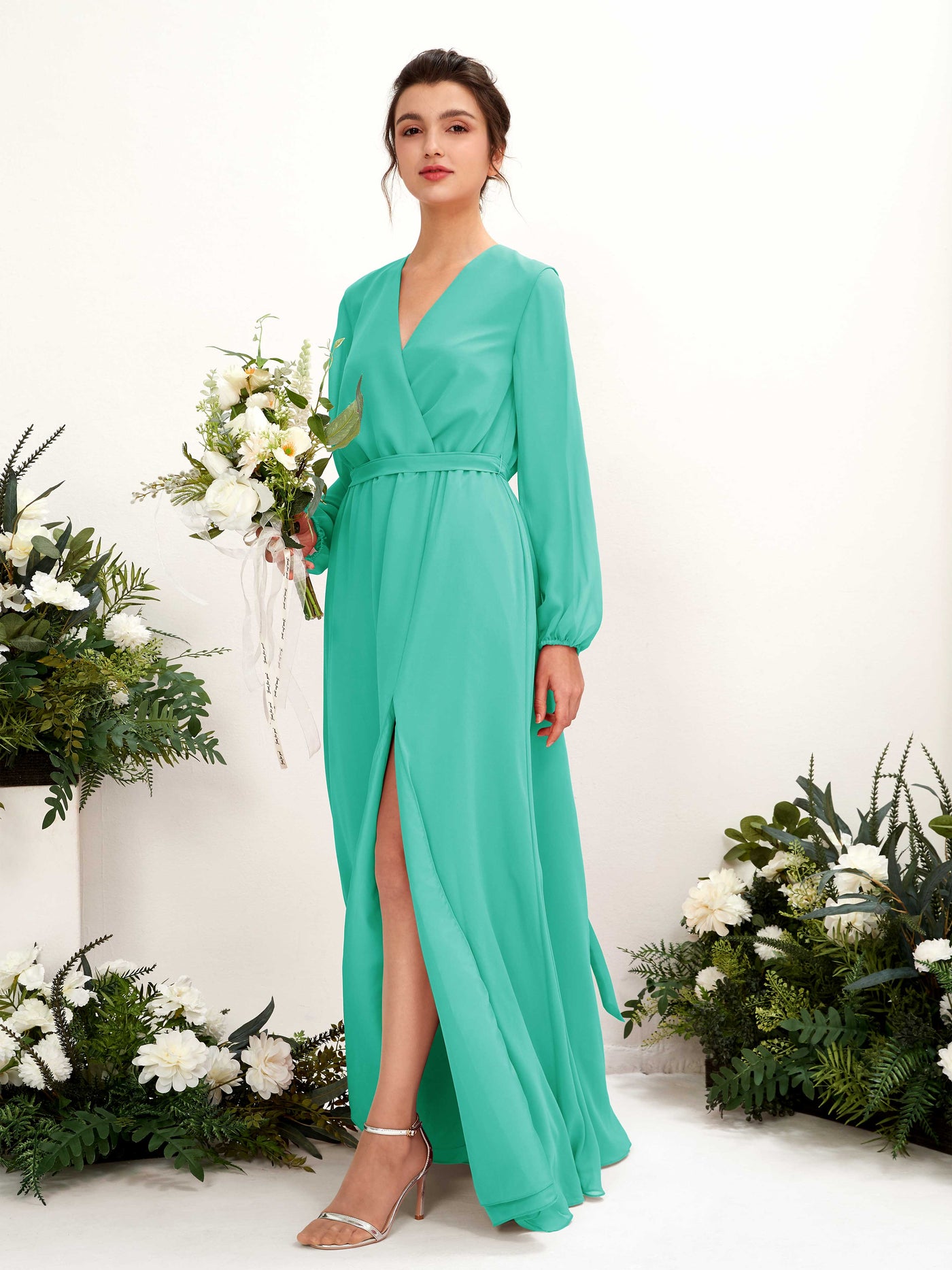 Tiffany Bridesmaid Dresses Bridesmaid Dress A-line Chiffon V-neck Full Length Long Sleeves Wedding Party Dress (81223232)#color_tiffany