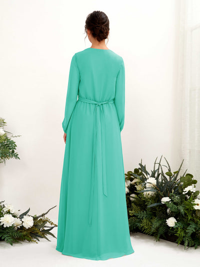 Carlyna Elsie A-Line Tiffany Bridesmaid Dress Maxi Long Sleeve V-Neck Back View #color_tiffany