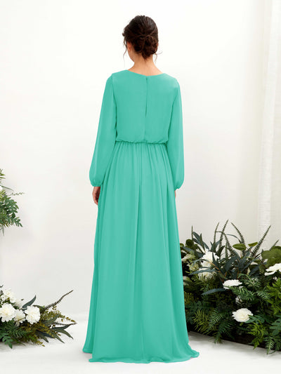 Carlyna Ginny A-Line Tiffany Bridesmaid Dress Maxi Long Sleeve V-Neck Back View #color_tiffany