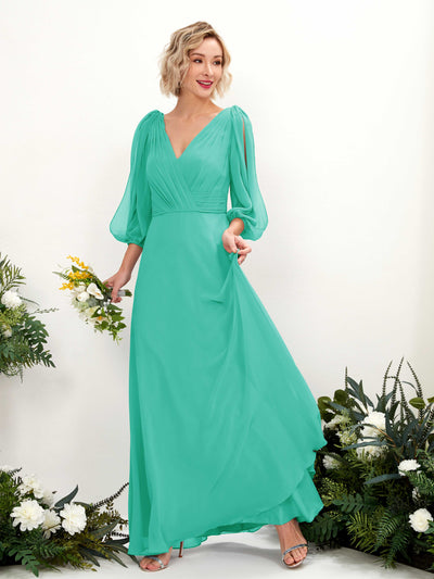 Carlyna Antonia A-Line Tiffany Bridesmaid Dress Maxi Three Quarter Sleeve V-Neck Dress Front View #color_tiffany