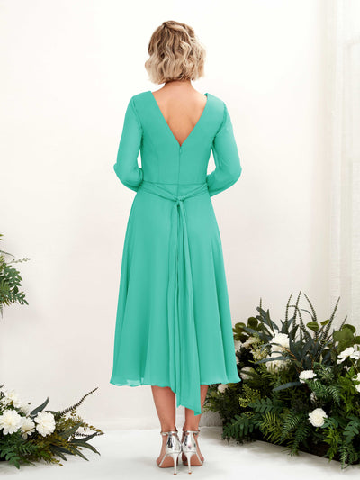 Carlyna Joanna A-Line Tiffany Bridesmaid Dress Midi Long Sleeve V-Neck Back View #color_tiffany