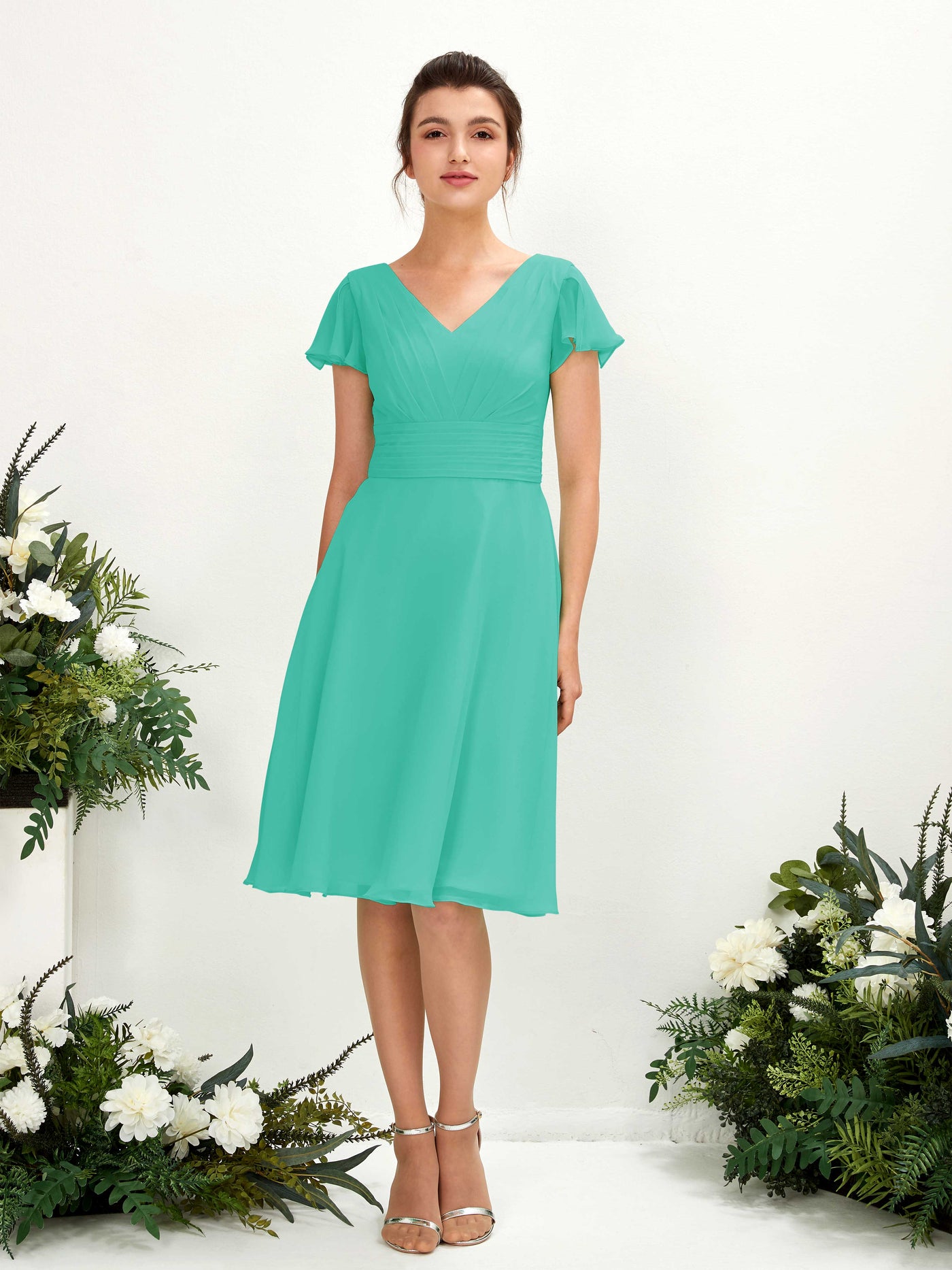 mint green dress chiffon Girls Mint Green Bridesmaid Dress A-Line Short Sleeves V Neck Sequined Empire Waist Long Chiffon Bridesmaid Dresses
