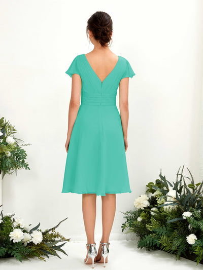 Carlyna Betty A-Line Tiffany Bridesmaid Dress Knee-Length Short Sleeve V-Neck Dress Back View #color_tiffany