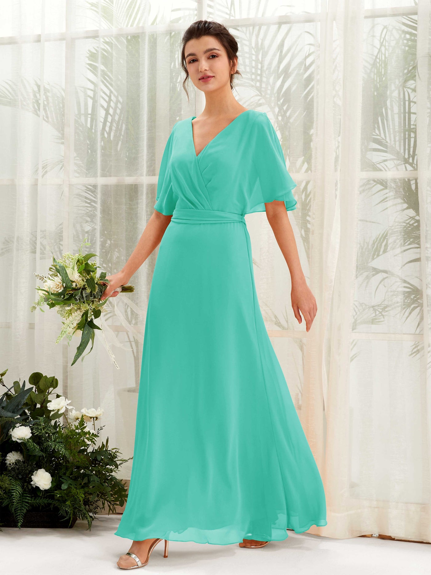Tiffany Bridesmaid Dresses Bridesmaid Dress A-line Chiffon V-neck Full Length Short Sleeves Wedding Party Dress (81222432)#color_tiffany