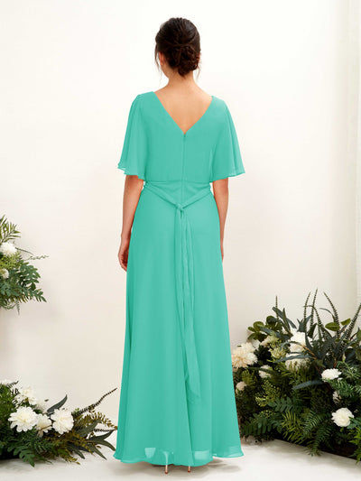 Carlyna Merta A-Line Tiffany Bridesmaid Dress Maxi Short Sleeve V-Neck Dress Back View #color_tiffany