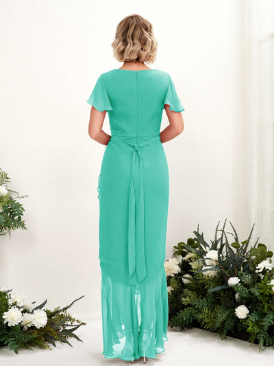 Carlyna Eartha Mermaid Tiffany Bridesmaid Dress Maxi Cap Sleeve V-Neck Dress Back View #color_tiffany