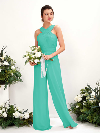 Carlyna Hilona Jumpsuit Tiffany Bridesmaid Dress Maxi Sleeveless V-Neck Dress Front View #color_tiffany