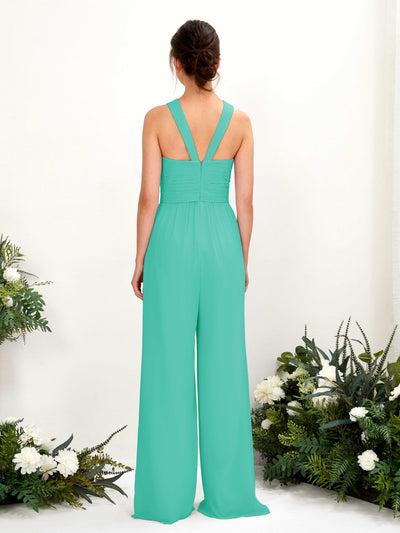 Carlyna Hilona Jumpsuit Tiffany Bridesmaid Dress Maxi Sleeveless V-Neck Dress Back View #color_tiffany