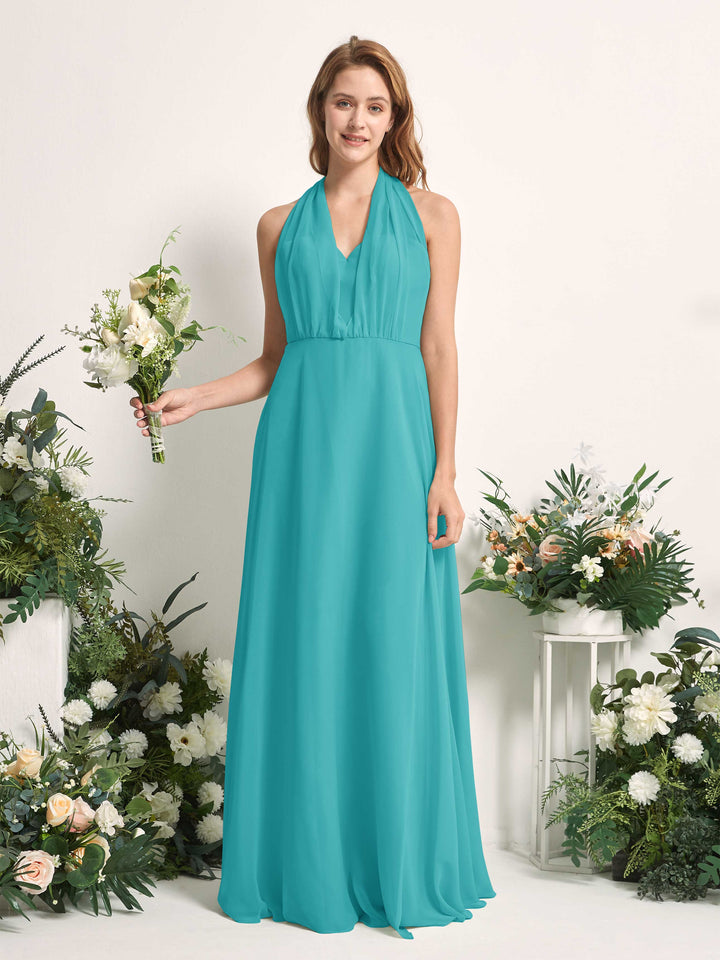 Turquoise Bridesmaid Dresses Bridesmaid Dress A-line Chiffon Halter Full Length Short Sleeves Wedding Party Dress (81226323)