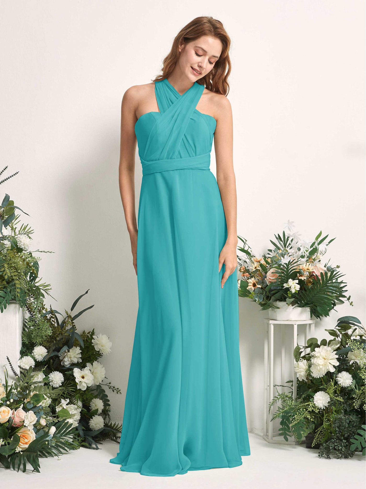 Turquoise Bridesmaid Dresses Bridesmaid Dress A-line Chiffon Halter Full Length Short Sleeves Wedding Party Dress (81226323)#color_turquoise