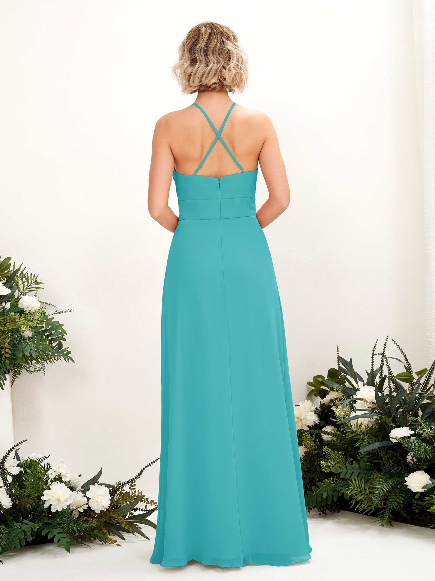 Turquoise Bridesmaid Dresses Bridesmaid Dress A-line Chiffon Halter Full Length Sleeveless Wedding Party Dress (81225223)#color_turquoise