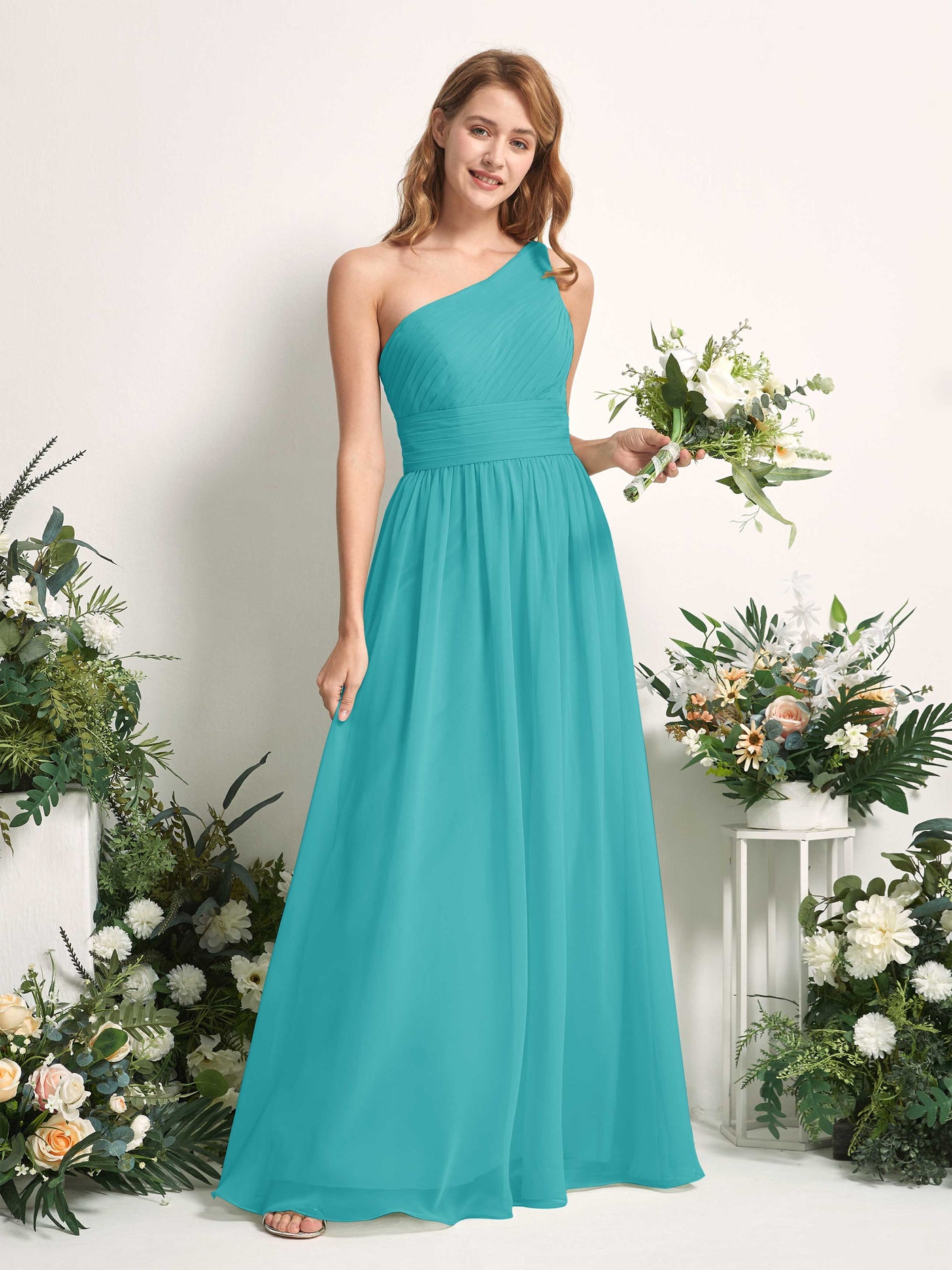 Bridesmaid Dress A-line Chiffon One Shoulder Full Length Sleeveless Wedding Party Dress - Turquoise (81226723)#color_turquoise